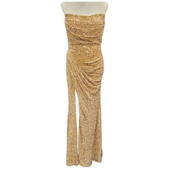 NWT Golden Brown Strapless Sequin Evening Gown with Corset Back on Velvet Fabric - Picture 1 of 12
